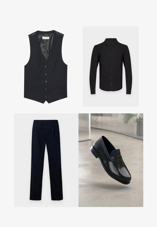Chaleco negro con escote en V, seis botones en la parte delantera, dos bolsillos laterales y un forro interior suave. El material tiene un acabado texturizado.; Camisa negra de manga larga hecha de tela suave, con cierre de botones en el frente, cuello clásico y puños con botones. Textura lisa sin patrones.; Pantalones azul marino de tela texturada, con frontal plano, dos pinzas y cierre de botón, con un diseño de pierna recta.; Mocasines de cuero negro con acabado liso, punta redondeada, costuras decorativas y una suela ligeramente elevada.