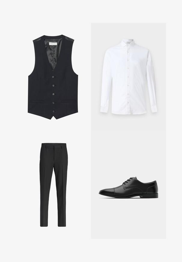 Gilet noir avec un décolleté en V, six boutons sur le devant, deux poches latérales et une doublure intérieure lisse. Le matériau a une finition texturée.; Chemise à manches longues blanche en coton, dotée d'un col classique, d'une coupe droite et d'une texture lisse avec des boutons assortis.; Pantalon de costume noir ajusté à jambe droite, passants de ceinture, pli marqué sur le devant et poches latérales, présenté sur fond blanc uni.; Chaussure habillée en cuir noir avec un bout arrondi, texture lisse, six œillets et une semelle noire basse. Présente une couture discrète sur le bout.