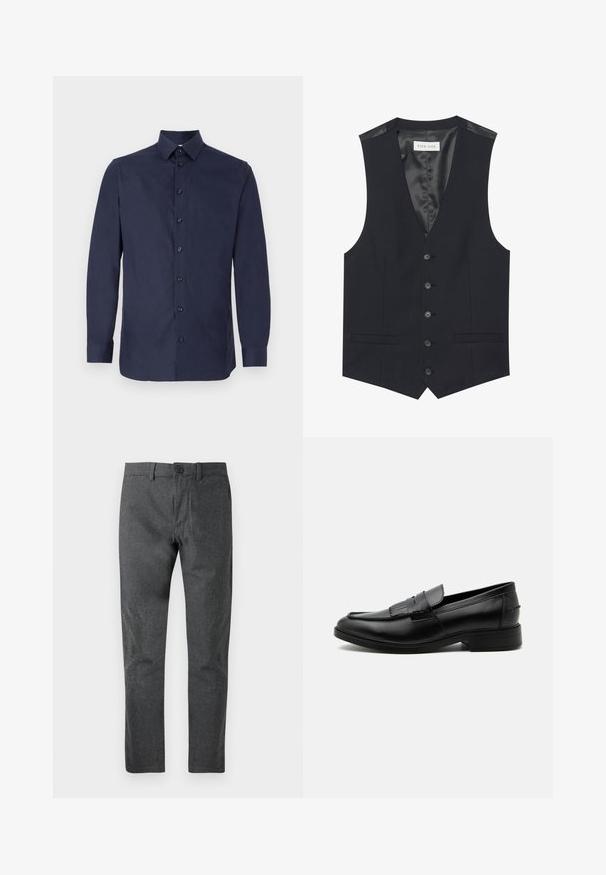 Gilet noir avec un décolleté en V, six boutons sur le devant, deux poches latérales et une doublure intérieure lisse. Le matériau a une finition texturée.; Chemise de couleur bleu marine, boutonnée, en tissu lisse, avec un col classique, des manches longues et sept boutons noirs le long du devant.; Pantalons sur mesure gris foncé avec une texture subtile, coupe droite, fermeture à bouton et passants de ceinture. Fini lisse, adapté à une tenue formelle ou décontractée.; Mocassin homme en cuir noir avec détail pompon, bout arrondi, talon bas et finition polie lisse, montré de profil sur fond blanc.