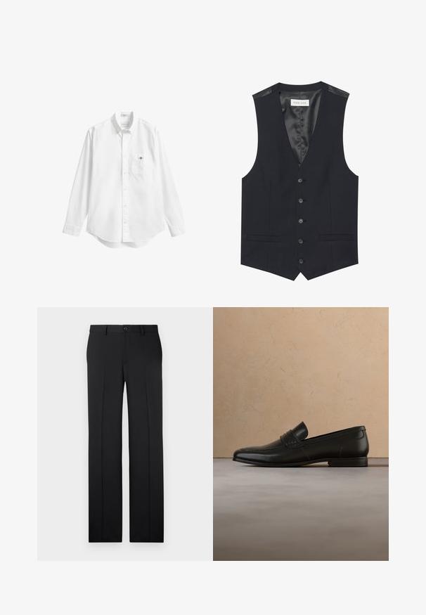 Gilet noir avec un décolleté en V, six boutons sur le devant, deux poches latérales et une doublure intérieure lisse. Le matériau a une finition texturée.; Chemise blanche boutonnée, manches longues, tissu en coton doux, ourlet arrondi, poche poitrine unique, petit logo sur la poche, col classique.; Pantalons noirs ajustés avec une coupe droite, en tissu lisse, avec des plis avant et une fermeture à bouton unique à la taille.; Mocassin en cuir noir présenté en lévitation au-dessus d'un tapis beige avec un canapé beige en arrière-plan.