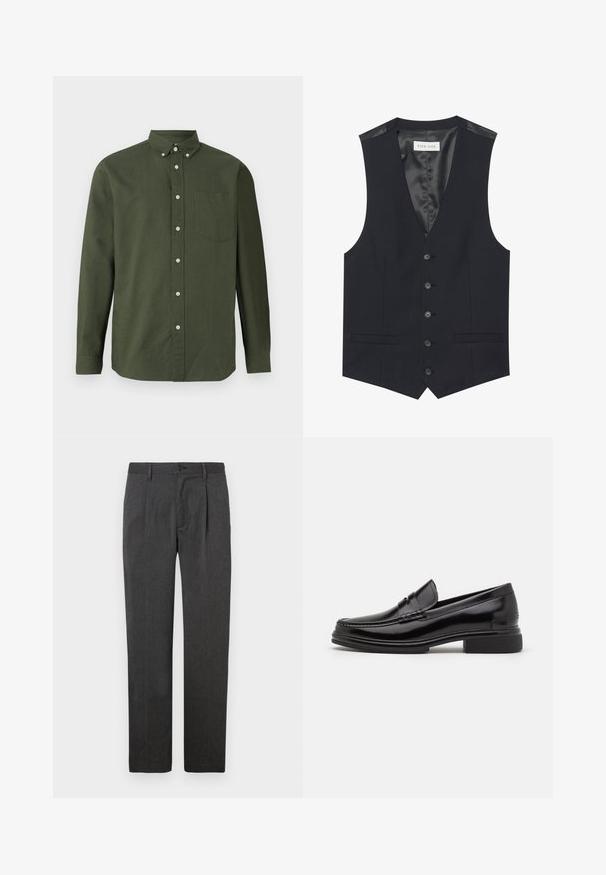 Chaleco negro con escote en V, seis botones en la parte delantera, dos bolsillos laterales y un forro interior suave. El material tiene un acabado texturizado.; Camisa abotonada de color verde oscuro con mangas largas, cuello con solapas, un bolsillo en el pecho y acentos de botones blancos; hecha de una tela ligera.; Pantalones grises ajustados con un corte recto, que presentan un plisado frontal, cremallera y cierre de botón. Textura suave, diseño clásico.; Mocasines de cuero negro con punta redondeada, que presentan un detalle cosido a través del empeine y un tacón bajo y cuadrado. Textura suave y acabado brillante.