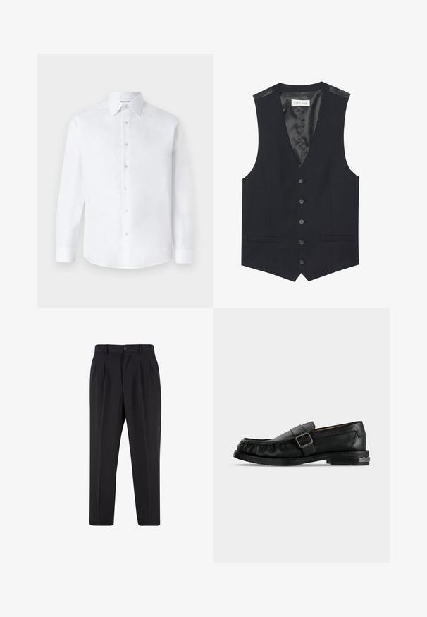 Chaleco negro con escote en V, seis botones en la parte delantera, dos bolsillos laterales y un forro interior suave. El material tiene un acabado texturizado.; Camisa blanca de manga larga con cuello clásico, cierre delantero de botones y dobladillo redondeado. Fabricada en suave algodón sin estampados.; Pantalones negros a medida con pliegues delanteros, trabillas para cinturón y cierre con botón en la cintura.; Mocasín negro de cuero con una correa de hebilla, detalles cosidos alrededor de la puntera y un tacón bajo con un detalle metálico.