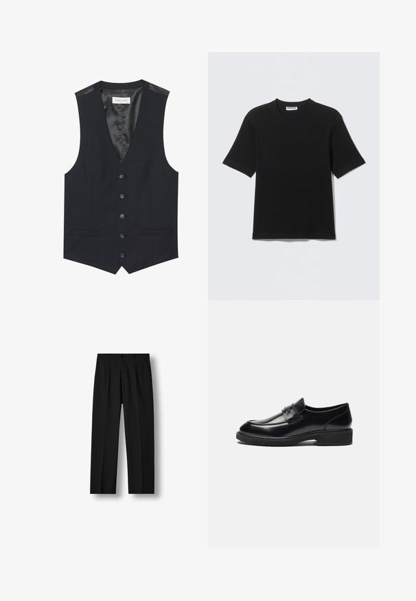 Sort vest med V-hals, seks frontknapper, to sidelommer og en glat inderfoer. Materialet har en tekstureret finish.; Sort kortærmet T-shirt med rund hals og "WEEKDAY" mærke på indersiden af kraven, vist fladt på en lys baggrund.; Sorte bukser med lige ben, forreste plisseringer, knaplukning i taljen og sidelommer på hvid baggrund.; Zign by Zalando LEATHER - Business loafers - black