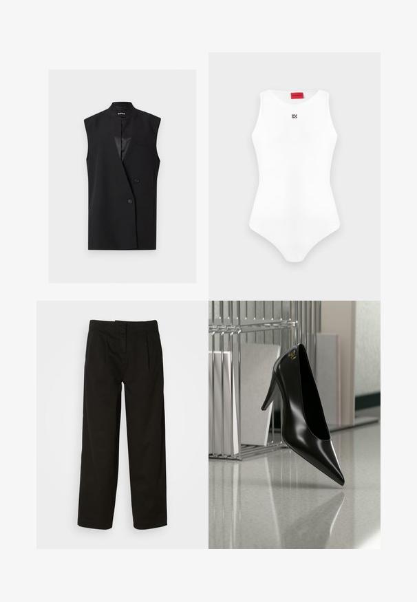 Schwarzer ärmelloser Doppelreiher-Blazer mit Reverskragen und zwei Knöpfen, mit kleinem Brusttasche und glatter Oberfläche.; Weißer ärmelloser, figurbetonter Body mit rundem Ausschnitt und kleinem schwarzem "HUGO" Logo auf der Brust, rotes Markenetikett innen im Kragen.; Schwarze Baumwollhosen mit lockerer Passform, zwei vorderen Fältchen, geradem Bein-Design und ohne sichtbare Beschläge.; Schwarzer High-Heel-Schuh mit spitzer Zehe und goldem Logo, auf einer reflektierenden Oberfläche nahe einem verchromten Draht-Organizer mit Dokumenten positioniert.