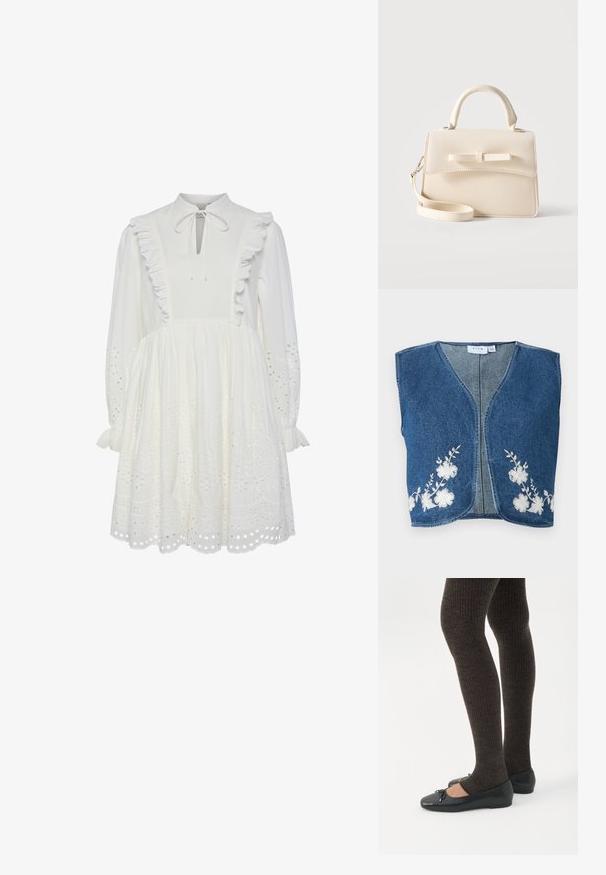 Jeansvest met een V-hals, voorzien van witte bloemenborduursels aan beide zijden. Blauw stof met een gemiddelde textuur en ruwe randen.; Witte katoenen jurk met een hoge hals, gerimpelde afwerking en gestrikt nekteken. Beschikt over lange mouwen en geborduurde oogjespatronen aan de zoom.; Benen met donkere geribbelde leggings gecombineerd met zwarte ballerina's met kleine strikdetails op een witte achtergrond.; Kleine beige handtas met bovenhandvat, afneembare riem, voorflap en decoratieve horizontale strik op een effen achtergrond.