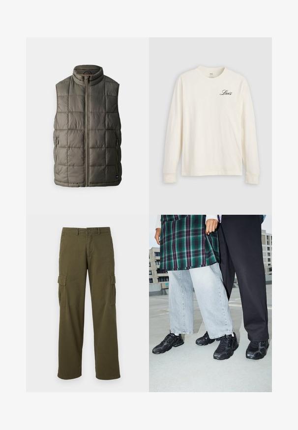 Polstret olivengrøn vest med høj krave, lynlåslukning foran og to sidelommer med diskret syning og teksturerede paneler.; Hvid langærmet T-shirt med rund hals og lille sort "Levi's"-logo øverst til venstre på brystet, vist mod en lys grå baggrund.; Olivengrønne cargo-bukser med lige ben-design, der har sidelommer, knaplukning og et holdbart stof.; Sorte atletik sko med mesh- og gummidetaljer. Båret med lysegrå vide jeans og en ternet grøn bluse. Flad overflade i baggrunden.