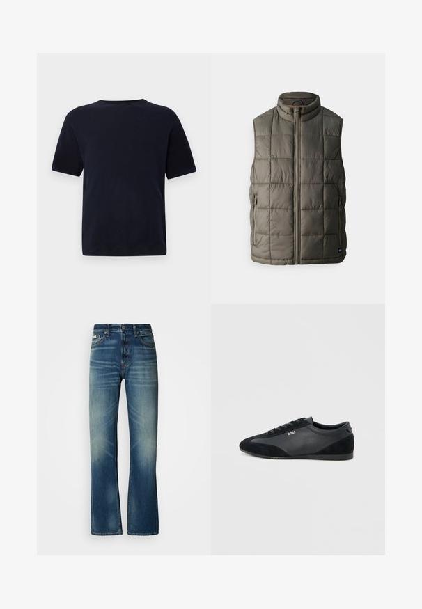 Gepolsterte olivgrüne Weste mit hohem Kragen, durchgehendem Reißverschluss und zwei seitlichen Taschen mit dezenten Nähten und strukturierten Elementen.; Marineblaue Baumwoll-T-Shirt mit Rundhalsausschnitt, kurzen Ärmeln und geradem Schnitt. Glatte Textur, keine sichtbaren Muster oder Akzente.; Blaue Jeans aus Denim mit geradem Schnitt, mittlerer Waschung, ausgewaschenen Details, fünf Taschen und einem Knopfverschluss. Auffällige Nähte entlang der Nähte.; Schwarzer niedriger Schnürsneaker aus Leder- und Wildlederpaneelen, flacher Sohle und BOSS-Logo an der Seite.