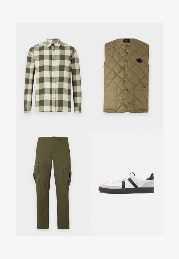 Replay QUILTED PUFFER VEST - Weste - mud green; Langarmhemd in einem grün-cream karierten Muster, aus leichtem Stoff, mit einem Button-Down-Kragen und vorderer Knopfleiste.; Grüne Cargo-Hose mit mehreren Taschen, darunter zwei große seitliche Klappentaschen, Knopfverschluss und Gürtelschlaufen am Bund.; Weiße Sneaker mit schwarz- und grau-aczenten, ausgestattet mit einer strukturierten grauen Zehenkappe, schwarzer Gummi-Sohle und flachen weißen Schnürsenkeln. Sauberes Design, minimalistische Stil.