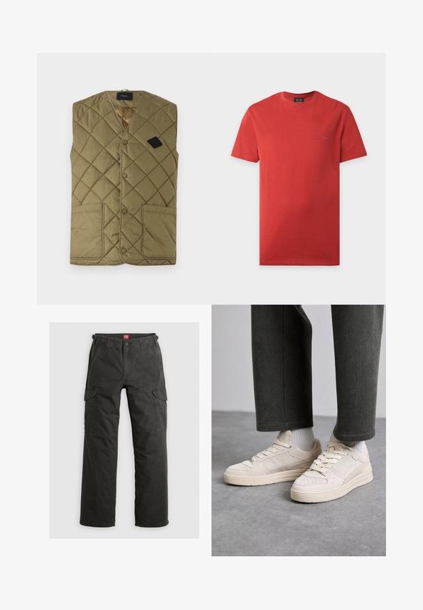Replay QUILTED PUFFER VEST - Veste sans manches - mud green; T-shirt rouge à manches courtes et col rond avec un logo Armani Exchange discret sur la poitrine gauche et une étiquette A|X sur le col.; Pantalons cargo gris foncé en tissu de coton durable, avec poches latérales, coupe décontractée et fermeture à bouton à la taille.; Baskets beiges en suède et mesh, avec des accents perforés, des lacets plats et une semelle épaisse. Portées avec un pantalon en velours côtelé vert.