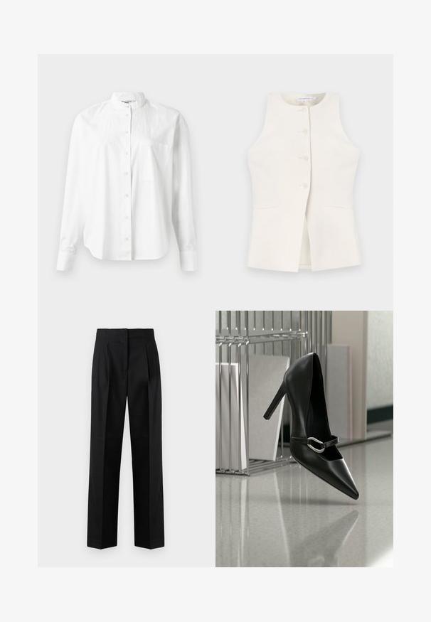 Good American LUXE SUITING SCULPTED - Vest - cloud white; Hvid skjorte med lange ærmer og bandkrave, med knaplukning foran og en brystlomme. Fremstillet af letvægtsstof med en glat tekstur.; Sorte trousers lavet af vævet stof, med et skræddersyet design med plisseringer, lige ben og flad front. Holdbar og glat tekstur.; Sort spids højhælet sko med en sølvspænde, placeret på en reflekterende overflade nær en metalfilorganisator med papirer.