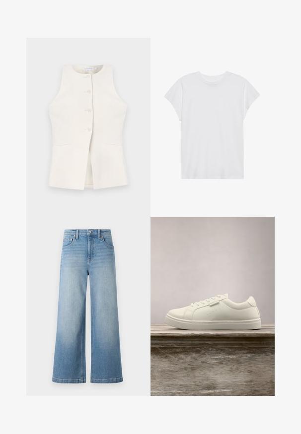 Good American LUXE SUITING SCULPTED - Weste - cloud white; Weißes kurzärmliges T-Shirt mit Rundhalsausschnitt, lockerer Passform, aus weichem Baumwollstoff. Glatte Textur, keine Muster oder Logos.; Helles, blaues Denim-Hos mit weitem Bein, hohem Bund, fünf Taschen, sichtbaren Nähten und einem Knopfverschluss vorne.; Weißer Leder-Sneaker mit Schnürsenkeln schwebt über einer hölzernen Bank, im Hintergrund ist das grüne hohe Gras unscharf zu sehen.
