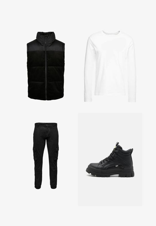 Schwarze Pufferweste mit hohem Kragen. Der obere Teil besteht aus glattem Stoff, der untere Teil hat eine gerippte Textur. Mit Reißverschluss vorne und seitlichen Taschen.; Langärmliges, weißes T-Shirt aus weicher Baumwolle. Rundhalsausschnitt mit geraden Saumabschlüssen und ohne sichtbare Muster oder Grafiken.; Schwarze Cargohosen mit seitlichen Klappentaschen, elastischen Bündchen, vorne mit Knöpfen und Reißverschluss.; Schwarze hoch geschnittene Schuhe aus strukturiertem Leder, mit einer dicken Gummisohle, Schnürung vorne und einem kleinen Logodetail an der Seite.