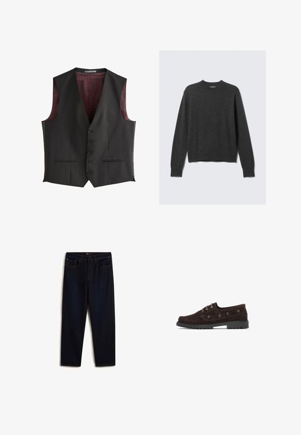 Zwarte formele gilet met vier knopen en twee steekzakken, met een bordeaux patroonvoering.; Donkergrijze gebreide trui met een ronde hals, geribde manchetten en zoom. De stof heeft een soepele textuur en heeft een ontspannen pasvorm.; Vans Relaxed fit jeans - dark blue; Bruine suède bootschoen met twee lederen veters accenten, ronde neus en rubberen zool met duidelijk profiel voor grip.