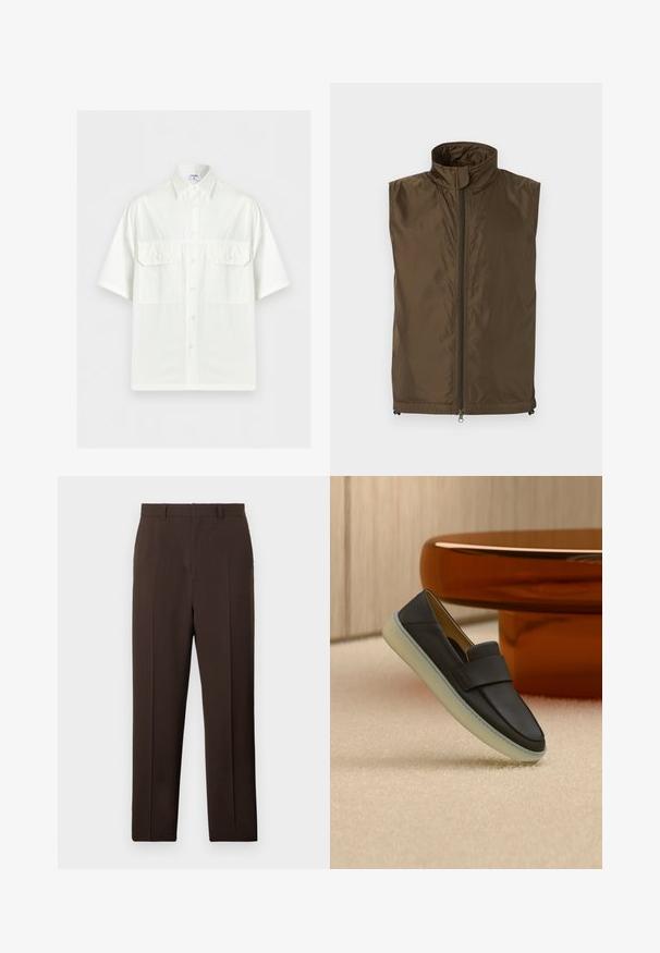 Veste sans manches marron avec col montant et fermeture éclair intégrale à l'avant, fabriquée en tissu léger légèrement brillant, présentée à plat sur un fond blanc.; Chemise blanche à manches courtes avec col et deux poches à rabat sur le devant, présentée sur un fond clair uni.; Pantalons ajustés de couleur brun foncé, coupe droite, avec plis sur le devant et passants de ceinture, présentés sur un fond blanc uni.; Mocassin en cuir noir avec une semelle blanche épaisse, présenté sur un tapis beige à côté d'une table ronde de couleur ambre.