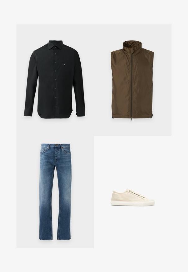 Mouwloos bruin vest met hoge kraag en volledige rits aan de voorkant, gemaakt van lichtgewicht, licht glanzende stof, plat weergegeven tegen een witte achtergrond.; Zwarte longsleeve shirt van gladde stof, met een puntige kraag, knoopsluiting en een klein wit logo op de linkerkant van de borst.; Blauwe denim jeans met een rechte pijpdesign, vervaagde wassing, vijf zakken en contrasterende stiksels. Knopen- en ritssluiting bij de tailleband.; Les Deux TREVOR - Sneakers laag - ivory