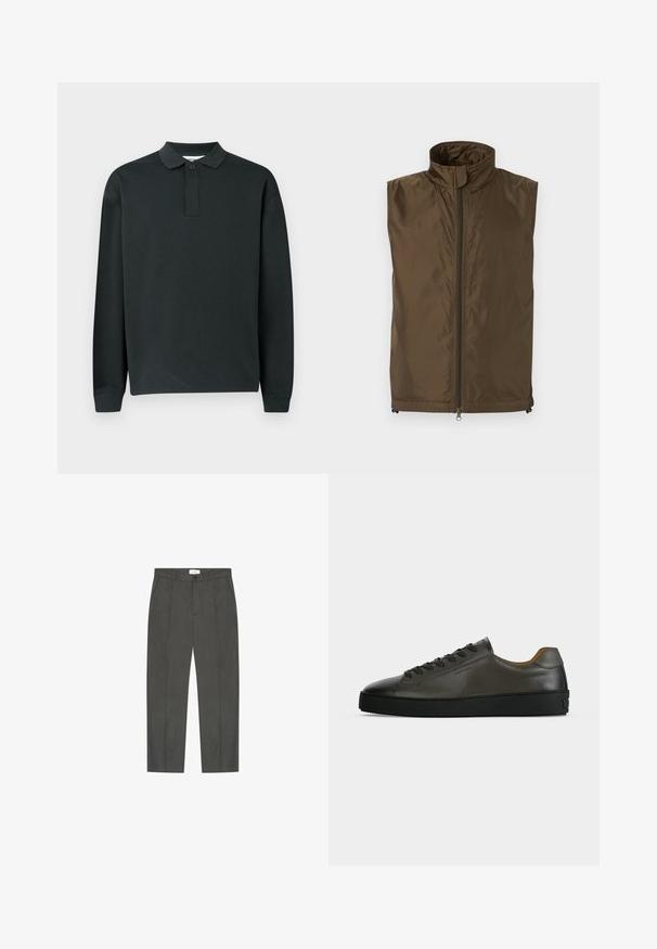 Veste sans manches marron avec col montant et fermeture éclair intégrale à l'avant, fabriquée en tissu léger légèrement brillant, présentée à plat sur un fond blanc.; Polo shirt noir à manches longues avec une patte de boutonnage à un seul bouton et des poignets côtelés, présenté sur un fond clair.; Pantalon gris foncé sur mesure avec plis à l'avant, passants pour ceinture, poches latérales et fermeture par bouton et fermeture éclair.; Basket basse en cuir gris foncé avec lacets et semelle noirs, design minimaliste, profil latéral sur un fond clair uni.
