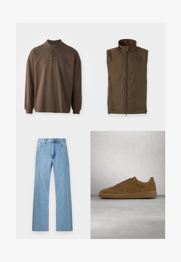 Veste sans manches marron avec col montant et fermeture éclair intégrale à l'avant, fabriquée en tissu léger légèrement brillant, présentée à plat sur un fond blanc.; Polo à manches longues marron avec un col, trois boutons et des poignets côtelés. Fabriqué en coton doux avec une coupe décontractée.; Jean en denim bleu clair coupe droite à cinq poches avec fermeture à boutons à la taille, présenté sur un fond uni.; Baskets en daim marron avec des lacets couleur fauve et une semelle en caoutchouc. Présente un bout arrondi et des détails cousus sur la tige. Design léger.