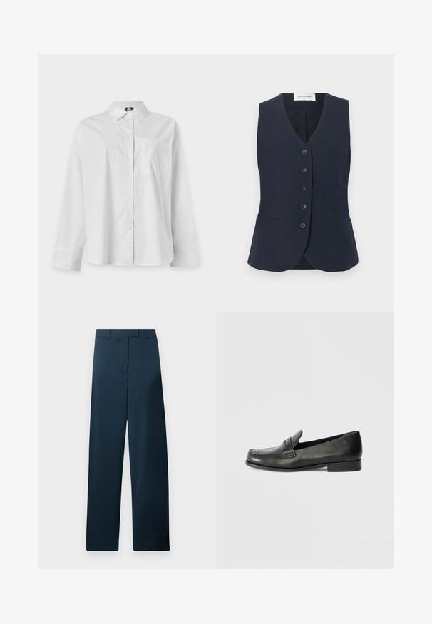 Gilet bleu marine avec un col en V, six boutons sur le devant et un subtil côtelé vertical. Comprend deux poches latérales et une coupe ajustée.; Chemise blanche à manches longues, boutonnée, avec col et poche poitrine, présentée sur un fond clair uni.; Pantalons larges bleu marine avec une texture lisse, un devant plat et des passes ceinture. Présente un design minimaliste sans motifs ni accents visibles.; Mocassins en cuir noir avec un bout arrondi, des détails de couture surélevés et un talon bas empilé. Texture lisse avec un éclat subtil.