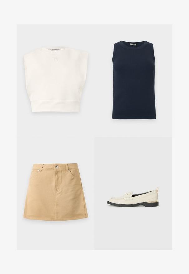 Sweat-shirt court couleur crème avec un col rond et des manches courtes. Présente un logo brodé sur le devant et une texture douce.; Haut sans manches bleu marine foncé en tissu côtelé. Présente un col rond et une coupe ajustée sans accents ni motifs supplémentaires.; Jupe en denim beige mini avec poches avant, passants de ceinture et fermeture à bouton en métal sur fond blanc.; Mocassin en cuir crème avec une sangle décorative, des détails cousus et une semelle noire basse accentuée d'un talon doré.