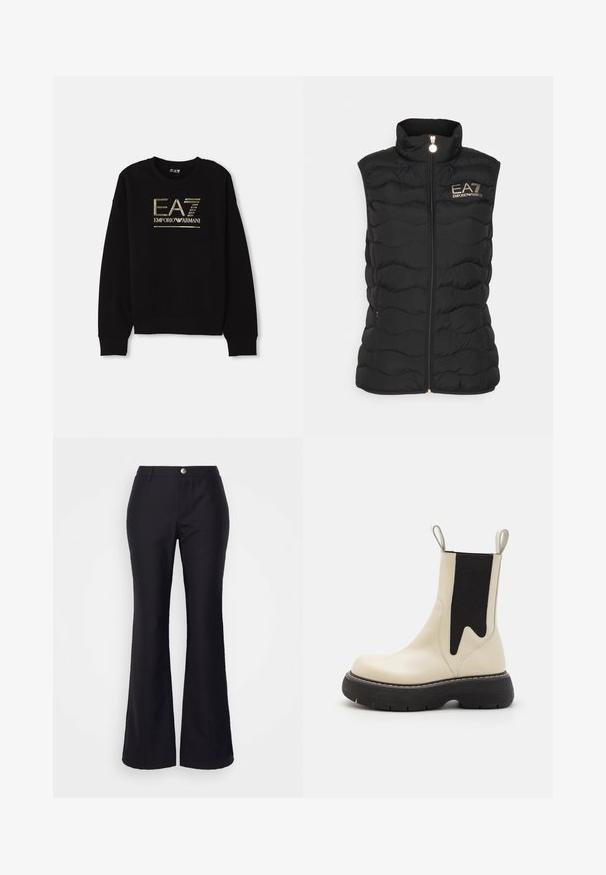 Zwarte gewatteerde mouwloze vest met hoge kraag, voorzien van een frontale rits en het "EA7 Emporio Armani" logo in goud aan de linkerkant.; Zwarte sweatshirt met een opvallend gouden metallic logo "EA7 Emporio Armani" op de voorkant, met geribde mouwen en zoom.; Won Hundred CORETTA - Broek - black; Crèmekleurige enkelboot met een zwart elastisch zijpaneel, ronde neus en verhoogde zwarte zool. Bevat aantrekbare lipjes voor eenvoudig aan- en uittrekken.