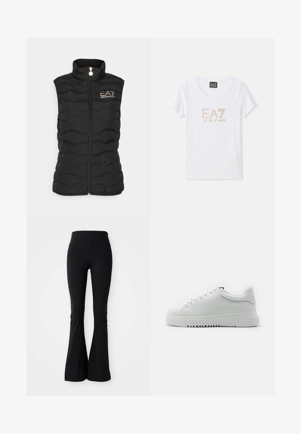 Must mustriiteta, ilma varrukateta vest, kõrge kaelusega, millel on esine tõmblukk ja vasakul küljel kuldne "EA7 Emporio Armani" logo.; Valge puuvillane T-särk ümarate kaelustega, mille esiplaanil on kuldse tooni kivikestest logo "EA7 EMPORIO ARMANI".; Mustad flared retuus, valmistatud venivast materjalist, millel on kõrge vöökoht ja sile tekstuur. Mustri ega konksudeta.; Valged tossud tekstuuriga nahkülemisega, ümara varbaga ja paeltega disain. Paks valge kummitald tekstuuriga haardemustriga.
