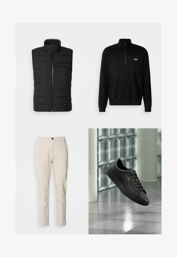 Sort ærmeløs vest med quiltet tekstur, høj krave og frontlynlås. Har et diskret tonalt "BOSS"-logo på brystet og sidelommer.; Sort pullover sweater med halv-zip krave, der har ribbet tekstur på skuldrene og et lille hvidt "BOSS" logo på brystet.; Beige chinos med lige ben, lavet af blødt bomuldsstof, med lynlås og en enkelt sort knaplukning.; Sort lavtopet lædersneaker med sorte snørebånd og gyldent BOSS-logo på siden, svævende over en blank grå gulv i et moderne indendørs rum.