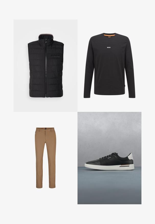 Schwarze ärmellose Weste mit gestepptem Muster, hohem Kragen und Frontreißverschluss. Verfügt über ein dezentes tonal "BOSS"-Logo auf der Brust sowie seitliche Taschen.; Schwarzes langärmliges T-Shirt aus Baumwolle. Mit einem Rundhalsausschnitt und einem kleinen weißen "BOSS"-Logo auf der Brust. Glatte Textur.; Hellbraune Hosen aus Baumwollmischung mit geradem Bein, Fronttaschen und Zip-Fly. Minimale Beschläge und keine sichtbaren Muster.; Schwarze Ledersneaker mit weißer Sohle, ausgestattet mit Perforationen, Schnürdesign, Logo an der Seite und kontrastierenden Fersendetails in Weiß und Braun.