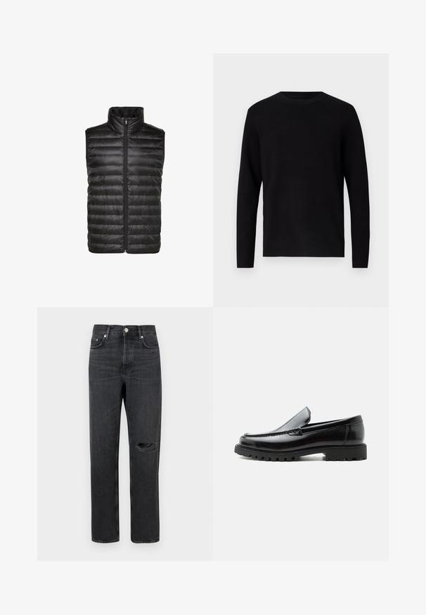 Sort puffy vest med høj krave, der har quiltet tekstur, lynlås foran og er ærmeløs. Fremstillet af skinnende, let materiale.; Sort striktrøje med rund hals og lange ærmer. Glat tekstur og ensfarvet, uden synlige mønstre eller accenter.; Sorte denim jeans med lige ben, der har et revnet knæ, fem-lomme design og metalbeslag ved taljen og lommerne.; Sort læderloafer med chunky gummisål, syet overdel og præget mærkenavn på hælen, vist i sideprofil på hvid baggrund.