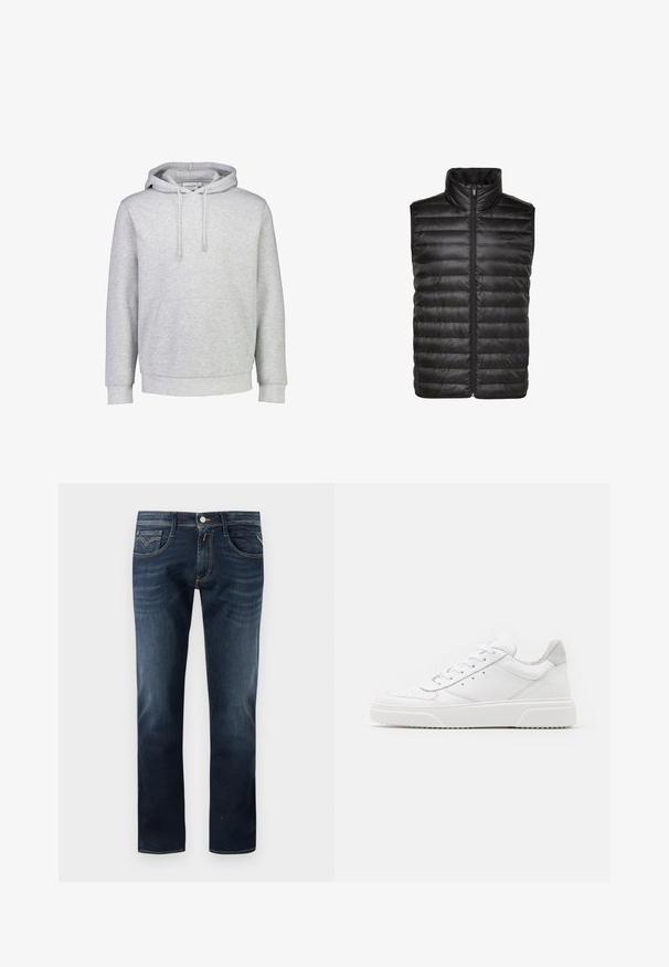 Sort puffy vest med høj krave, der har quiltet tekstur, lynlås foran og er ærmeløs. Fremstillet af skinnende, let materiale.; Lys grå hættetrøje lavet af en bomuldsblanding, med en frontlomme, justerbare snøretræk og ribkantede manchetter og nederkant.; Mørkeblå denimjeans med et klassisk lige ben-design, der har fem lommer, en frontknaplukning og subtile syninger.; Hvide lædersneakers med en glat finish, rund tå, flade snørebånd og en struktureret sål. Grå ruskindsdetalje ved hælen.
