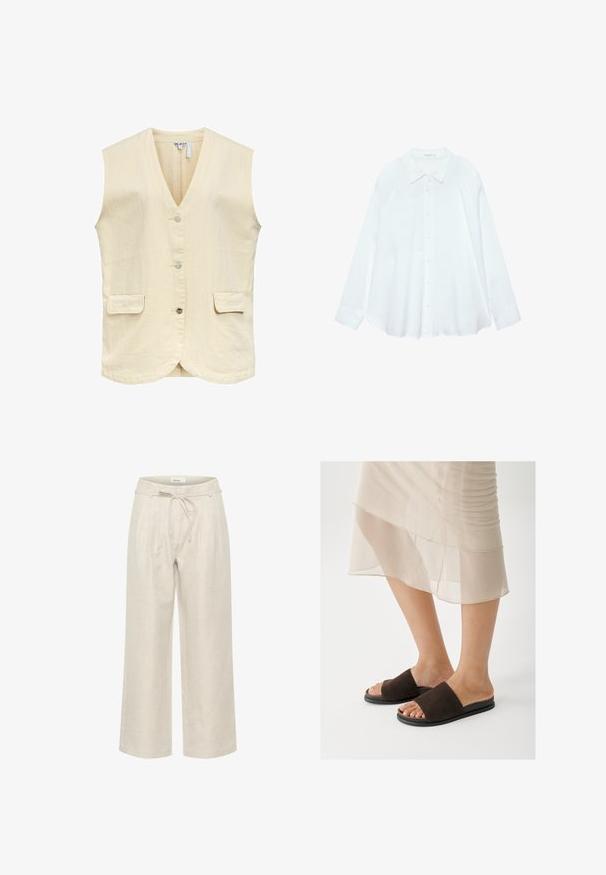Ärmellose Weste in Creme mit V-Ausschnitt, drei vorderen Knöpfen, dezenten vertikalen Nähten und zwei Klappentaschen an den Hüften.; Weiße langärmlige Hemdjacke mit spitzem Kragen und geknöpften Manschetten, flach auf einem weißen Hintergrund liegend.; Beige Leinen-Hose mit weitem Bein, ausgestattet mit einem verstellbaren Bund und Vorderfalten, mit einer glatten Textur und knöchellangem Schnitt.; Braune Wildleder-Pantoletten mit breitem Riemen, schwarzer Gummisohle und offenem Zehendesign, vor einem hellen Hintergrund gestellt.