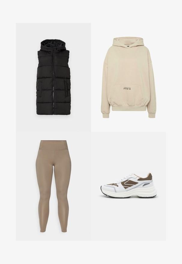 Chaleco acolchado negro con capucha, que presenta un cierre de cremallera frontal, dos bolsillos laterales, patrón acolchado y una textura exterior suave.; Sudadera con capucha beige con bolsillo frontal, puños acanalados y capucha con cordón. Texto "PECADOR PGDR" impreso en el área del bolsillo.; Leggings de talle alto en un color beige sólido. Fabricados con un material liso y elástico sin patrones visibles ni herrajes.; Selected SLFABBY - Zapatillas - demitasse