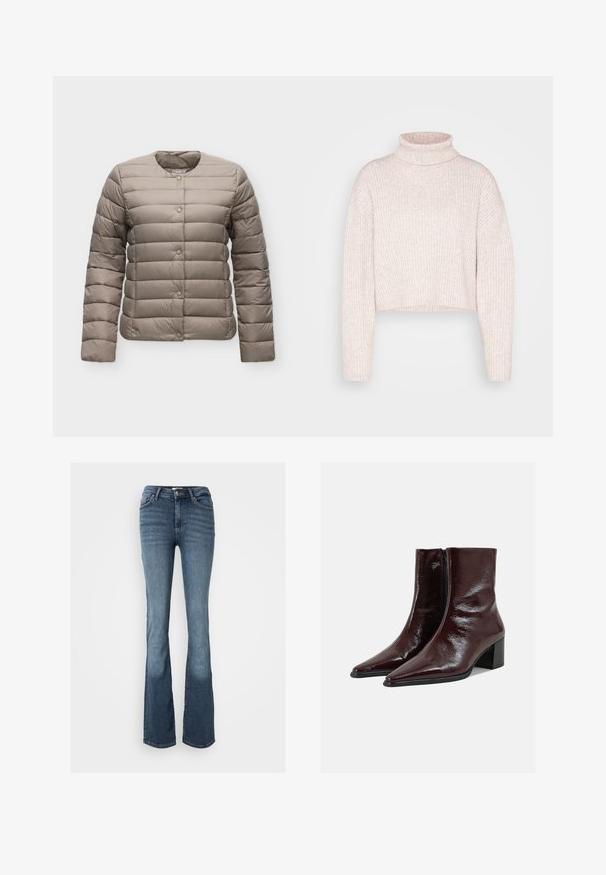 Lysebrun quiltet jakke med lange ærmer, rund halsudskæring og forreste trykknapslukning på en ensfarvet baggrund.; Lys rosa ribbet turtleneck sweater, cropped længde, med lange ærmer og en blød tekstur. Minimalistisk design uden synligt hardware.; Bootcut jeans lavet af blåt denim. Har en mid-rise talje, fem lommer, diskrete syninger og et let falmet udseende på benene.; Skinnende mørkebrune læderankelstøvler med spidse tæer, sidelås og blokhæl på en ensfarvet lys grå baggrund.
