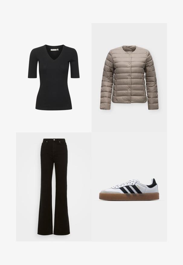 Veste matelassée marron clair avec manches longues, col rond et fermeture par boutons-pression à l’avant sur fond uni.; Haut noir à manches courtes en côte avec un col en V, présentant une silhouette ajustée et une texture lisse. Simple et polyvalent pour le superposition.; Jean évasé noir taille haute en denim, avec une fermeture à bouton, des poches latérales et une texture lisse.; Baskets en cuir blanc avec des rayures noires, semelle extérieure en caoutchouc beige, bout rond, fermeture lacée et embout en suède gris doux.