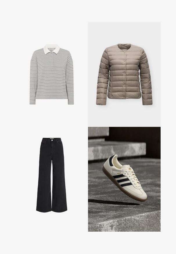 Lichtbruine doorgestikte jas met lange mouwen, ronde halslijn en drukknoopsluiting aan de voorkant op een effen achtergrond.; My Essential Wardrobe MWKLARA - Poloshirt - peal blue striped; Brede zwarte denim jeans met vijf pocketdesign, hoge taille en knoopsluiting. Heeft subtiele stiksels en een nette afwerking.; Witte Adidas Samba sneaker met zwarte strepen en gumzool, zwevend boven gestructureerde grijze betonnen treden.