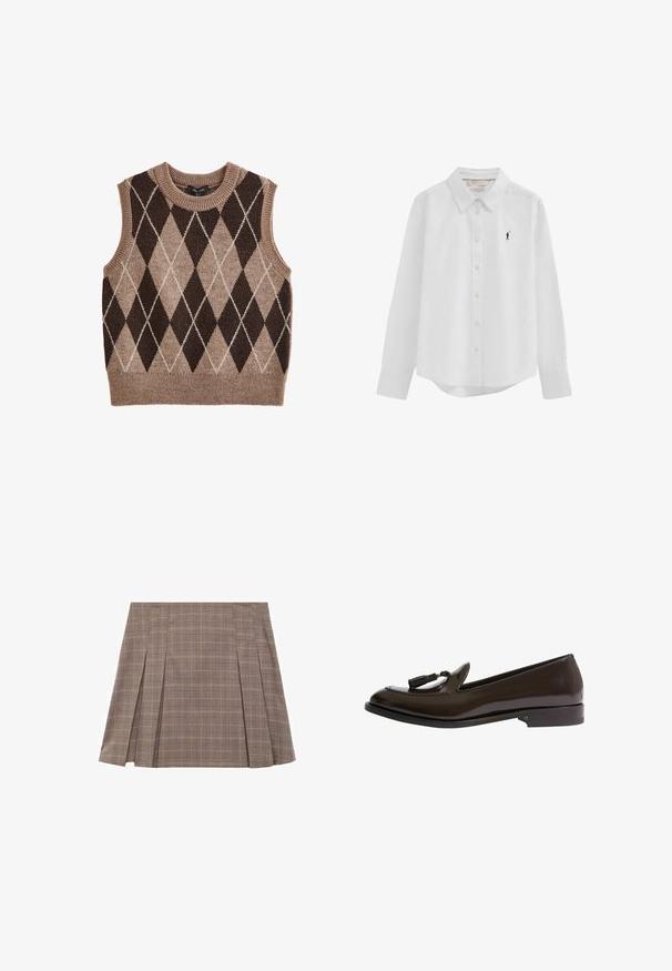 Mouwloos gebreid vest met bruin en beige ruitpatroon in argyle-stijl en een geribbelde halslijn, armsgaten en zoom.; Witte blouse met lange mouwen, knopen en kraag, met een klein zwart geborduurd logo van een polo-speler op de linkerborst.; Bruine geruite plisseerminirok met zijsplitten en een hoge taille, voorzien van een subtiele ruitenpatroon.; Scarosso SIENNA RIGHT - Instappers - brown brushed calf
