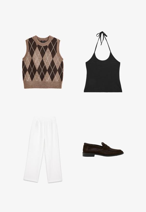Ærmeløs strikvest med brunt og beige argyle diamantmønster samt ribstrikket halsudskæring, ærmegab og kant.; Sort halterneck-croptop med tynde stropper, der er bundet ved halsen, og med lavt udskåret front og ryg.; Hvide vide bukser med en glat tekstur, der har frontfolder, lynlås-lukning og bæltestropper. Ingen synlige mønstre eller accenter.; Mørkebrun læderloafer med lav hæl, mokassin-syning og en remdetalje over toppen, vist i profil mod hvid baggrund.