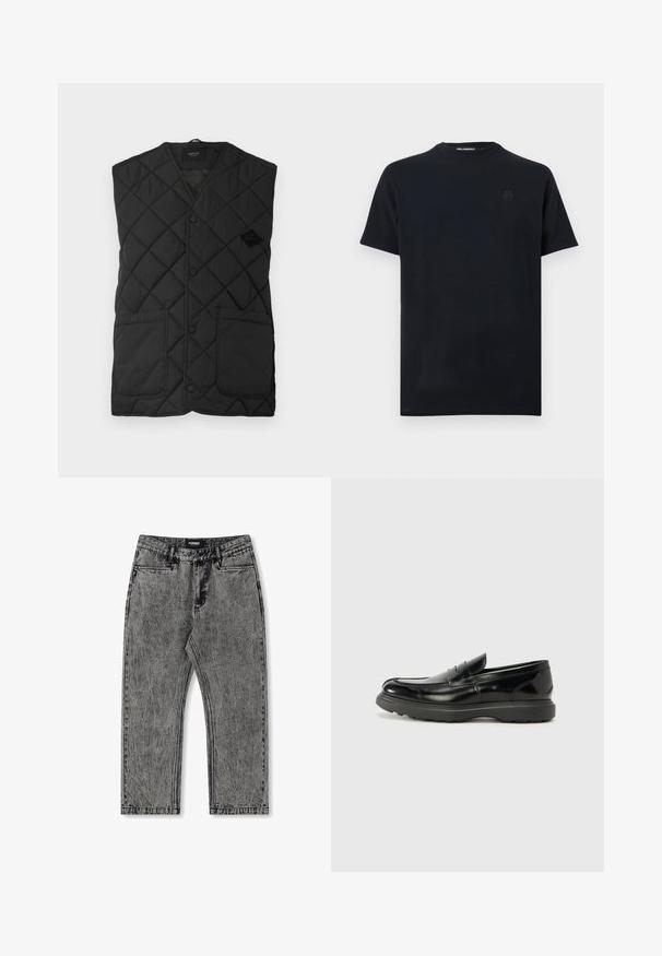 Chaleco de punto negro con cuello en V, que presenta un cierre frontal con botones y dos grandes bolsillos laterales. Logo de la marca visible en el lado izquierdo.; Camiseta negra de manga corta con cuello redondo, con un logo en relieve sutil en el pecho y el texto "KARL LAGERFELD" en el interior del cuello.; Jeans de mezclilla gris con un acabado desgastado, diseño de pierna recta y estilo de cinco bolsillos. Presenta una etiqueta con "FORMER" en la cinturilla.; Mocasín de cuero negro con un acabado brillante, punta redondeada, detalles de costura sutiles y una suela de goma gruesa para mayor durabilidad.