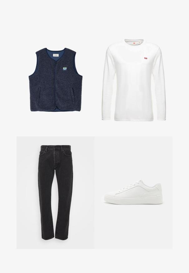 Marineblå fleecevest med tekstureret overflade, rund hals, frontknaplukning og to sidelommer. Indeholder et lille logo-patch.; Hvid langærmet t-shirt lavet af bomuld, med en rund halsudskæring og et lille rødt Levi's logo på brystet. Enkel, klassisk design.; Herre sorte lige ben denim jeans med frontknap og lynlås, fem lommer og bæltestropper på en ensfarvet hvid baggrund.; Hvide low-top sneakers lavet af glat læder, med rund tå, flade såler og subtil branding på siden.