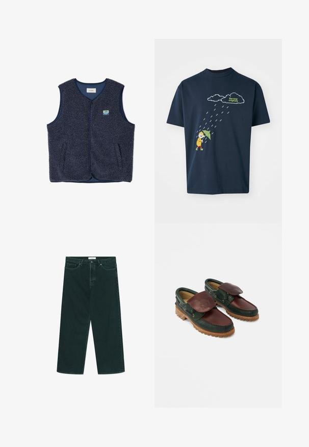Gilet en polaire bleu marine avec un extérieur texturé, col rond, fermeture à boutons sur le devant et deux poches latérales. Comprend un petit logo brodé.; T-shirt en coton bleu marine avec un graphique pixellisé d'une silhouette portant un parapluie sous des nuages et des gouttes de pluie, avec un texte au-dessus en vert clair.; Jeans en denim vert foncé à jambes larges avec fermeture à bouton et à zip, poches avant et passants de ceinture, posés à plat sur un fond blanc.; Chaussures en cuir avec un corps vert foncé, un dessus bordeaux, un bout rond, un rabat sécurisé et une semelle en caoutchouc texturée avec des rainures.