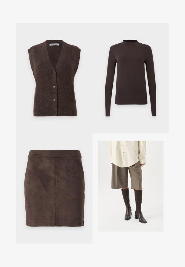 Gilet tricoté sans manches en brun duveteux avec un col en V et quatre boutons sur le devant, étiqueté Samsøe Samsøe.; Haut à col roulé à manches longues en tissu marron foncé. Présente un design ajusté et une texture lisse sans motifs ni matériel visible.; Jupe mini en daim marron avec une texture lisse, un design effilé et une taille plate, comprenant des coutures verticales pour la structure.; Bottes marron hautes jusqu'au genou avec un bout carré et un talon bloc, associées à une chemise beige surdimensionnée et des culottes à carreaux marron.