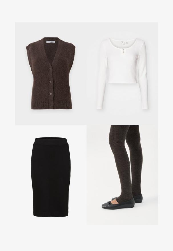 Hnedá chmýrová bezrukávová pletená vesta s výstrihom do V a štyrmi gombíkmi po prednej strane, označená Samsøe Samsøe.; Biely crop top s dlhým rukávom z textúrovaného materiálu, s okrúhlym výstrihom a trojicou gombíkovým zapínaním vpredu.; Čierna ceruzková sukňa po kolená s priliehavým pásom a hladkou látkou, zobrazená na bielom pozadí.; Nohy v tmavých pásikavých legínach v kombinácii s čiernymi balerínkami s malými mašličkami na bielom pozadí.
