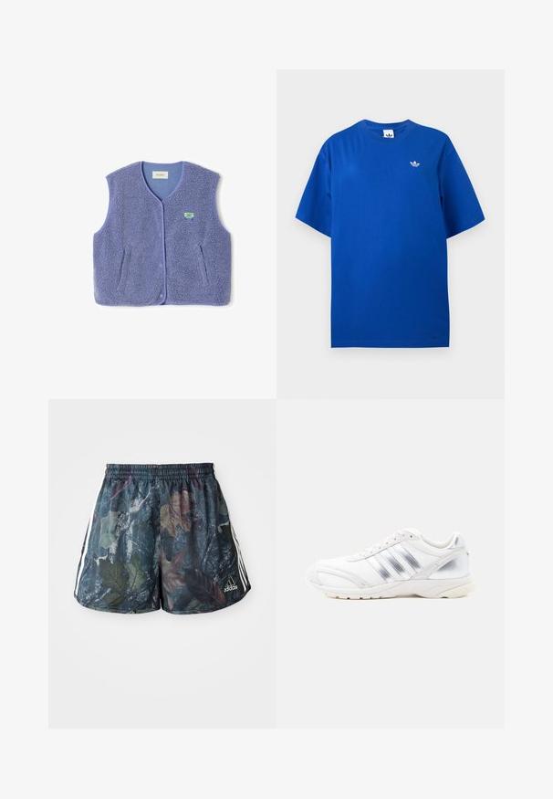Lilla fleecevest med en tekstureret overflade, frontknapper og to sidelommer. Fremhævet med en kontrastfarvet lyse lilla kant.; Blå Adidas T-shirt med korte ærmer og rund halsudskæring med lille hvid Adidas trefoil-logo på venstre bryst.; Herre shorts med et flerfarvet bladmønster på en mørk baggrund, med elastisk talje og sidelister i hvid.; Hvid atletiksko med sølvfarvede detaljer, tekstureret overmateriale, trestribet design og en tyk gummisål.