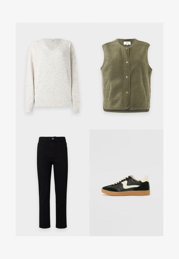 Chaleco de forro polar en verde olivo, con una superficie texturizada, cuello redondo, botones de presión y un dobladillo en contraste. Sin mangas; diseño casual.; Suéter de punto con cuello en V en beige claro con un acabado suave y texturizado. Cuenta con mangas largas y puños y dobladillo acanalados para un ajuste ceñido.; Jeans de denim negro con un ajuste recto, presillas para el cinturón y diseño de cinco bolsillos. Presenta un cierre delantero con botón y un detalle tradicional de costura.; Zapatillas de deporte de ante y cuero negro con un swoosh lateral en crema y un talón en crema claro. Presenta cordones beige y una suela de goma marrón.