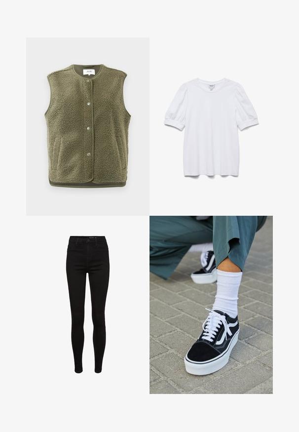 Gilet en polaire vert olive, avec une surface texturée, un col rond, des boutons-pression et une finition contrastée. Sans manches ; design décontracté.; Haut blanc à manches courtes avec un col rond et des manches bouffantes. Fabriqué en tissu lisse, présentant une étiquette portant la mention "AWARE".; Jean skinny en denim noir avec une taille haute, design à cinq poches, passants de ceinture et détails de couture subtils. Texture lisse, forme ajustée.; Baskets en suède noir avec des accents et des lacets blancs, présentant une épaisse semelle blanche et des coutures contrastantes, associées à une chaussette blanche.
