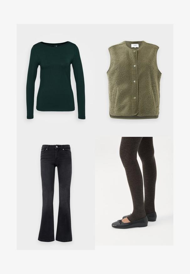 Fleece vest in olijfgroen, met een gestructureerd oppervlak, ronde hals, drukknoopsluiting en een contrasterende zoom. Zonder mouwen; casual ontwerp.; Langemouwige top in donker groen, gemaakt van zachte stof. Heeft een ronde halslijn en een getailleerd ontwerp met naadloze randen. Minimalistische stijl.; Zwarte denim bootcut jeans met een voorste knop, rits, riemlussen en vijf-pocket ontwerp.; Benen met donkere geribbelde leggings gecombineerd met zwarte ballerina's met kleine strikdetails op een witte achtergrond.
