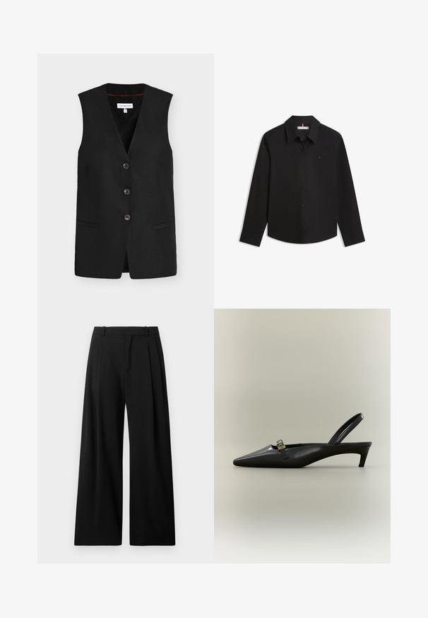 Chaleco negro sin mangas con tres botones, escote en V y dos bolsillos delanteros.; Camisa negra de manga larga con botones, cuello y pequeño logo en el pecho izquierdo, mostrada extendida sobre fondo blanco.; Pantalones negros de pierna ancha hechos de una tela suave. Presentan pliegues en la parte delantera y una cinturilla sencilla con trabillas para cinturón. Sin bolsillos visibles.; Zapato de tacón bajo tipo kitten en piel negra con talón descubierto, punta puntiaguda y hebilla pequeña color dorado sobre un fondo liso.