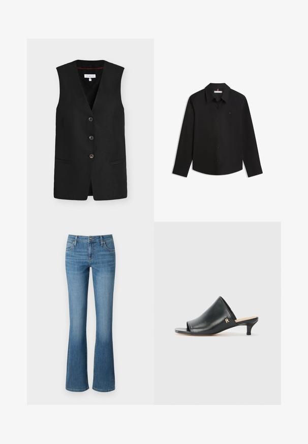 Sort ærmeløs vest med tre knapper, V-hals og to forlommer.; Sort langærmet skjorte med knapper og krave samt lille logo på venstre bryst, vist fladt på en hvid baggrund.; Udfoldede blå jeans lavet af denim, med høj talje, fem lommer og subtil slid ved låret, samt syede sømme.; Sorte læder open-toe mules med en lav hæl. Har en glat overflade og et guld logo-prim på siden.