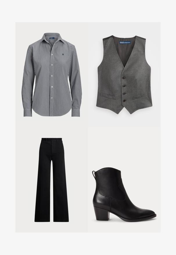 Chaleco de tela gris con escote en V, cinco botones oscuros en la parte delantera, dos bolsillos laterales y un forro interior suave y oscuro.; Camisa de botones a rayas con rayas verticales en azul marino y blanco, mangas largas, cuello puntiagudo y un pequeño logotipo en el pecho.; Pantalones de pierna ancha negros, fabricados en tejido entrelazado, con una cintura alta, cierre de botón en el frente y bolsillos laterales. Textura suave con líneas limpias.; Botín negro de cuero con tacón de bloque bajo, puntera redondeada y lengüeta trasera contra un fondo blanco liso.