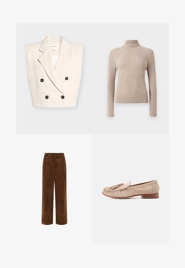 Kreemikirju varrukateta kahekordse nööpimisega bleiser, laiade kraeäärte ja nelja tumeda nupuga, silt näitab "Marc O'Polo".; Kreemjas soonikuga pikad varrukad turtleneck-sweater, esitatud lihtsal valgel taustal.; Pruunist kadunud laia säärega püksid, millel on tekstuuriga pind, volditud esiosa ja tõmblukk. Vöökoha peal on väike brändi silt.; Beežist seemisnahast loafer tuttide detaili, esiküljel triigitud õmbluste, madala puidust kontsaga ja küljele reljeefse brändi nimega.