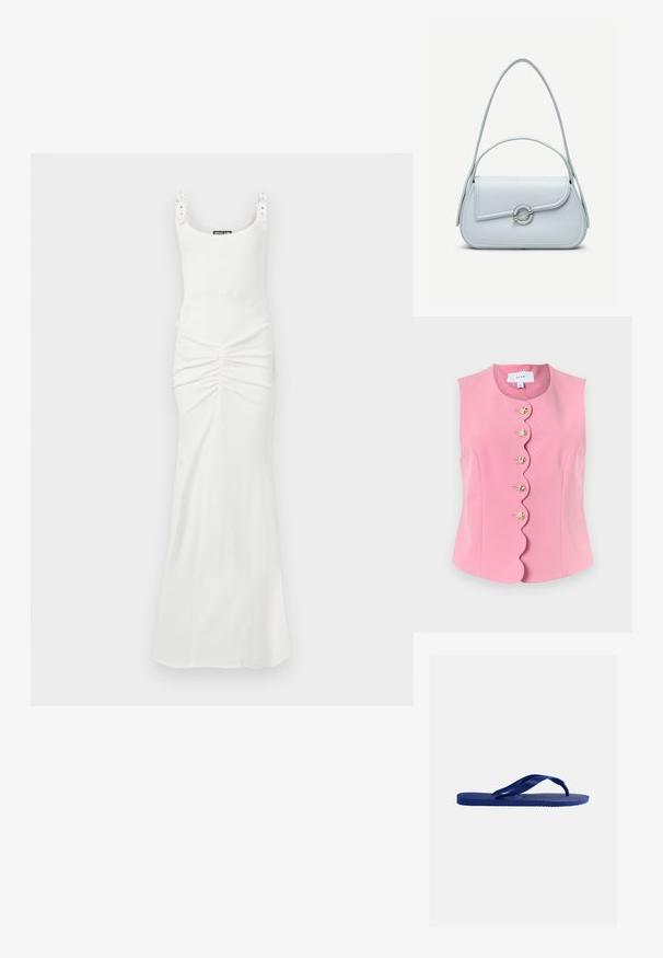 Mouwloos roze vest met een gegolfde voorrand en vijf decoratieve ronde gouden knopen middenvoor.; Lange witte mouwloze jurk met vierkante halslijn, verstelbare gespbandjes en geplooide details bij de taille.; Blauwe rubberen teenslipper met gestructureerde zool en Y-vormige bandjes, afgebeeld tegen een effen witte achtergrond.; Lichtblauwe leren handtas met een afgeronde klep, zilveren ronde sluiting en twee schouderbanden tegen een effen achtergrond.